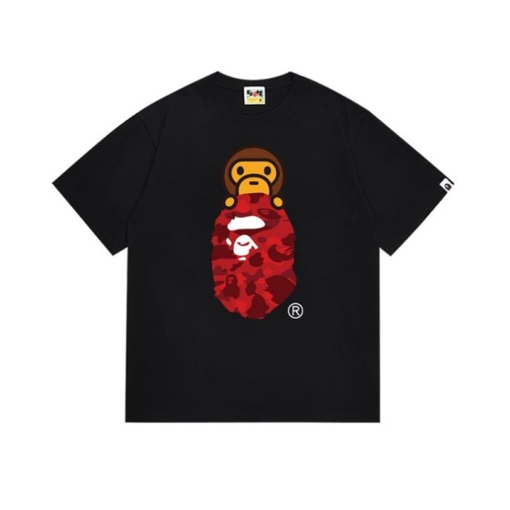 Black BAPE T-Shirt with Red Camo Ape Head and Baby Milo